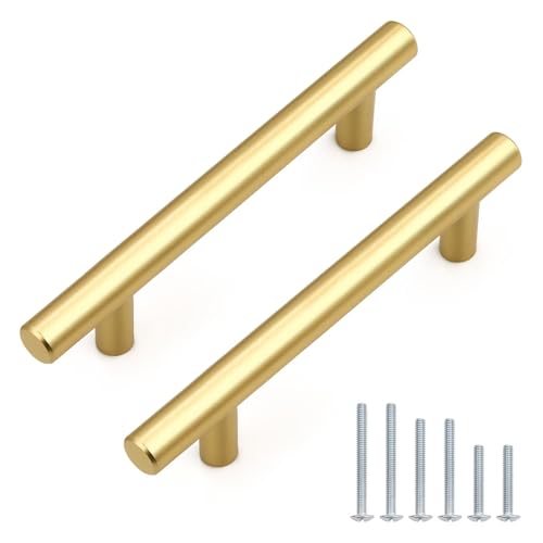 Probrico 30 Pack Hole Centers (90mm) 3.5inch Gold Kitchen Cabinet Handles Stainless Steel Polished Gold Cabinet Pulls Round T Bar Pull Handle for Cabinets and Drawers Total Length 6inch(150mm) - color: Gold, size: Hole Centers: 3-1/2"