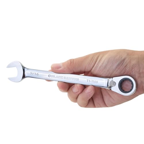 BLACK CANYON 9/16 Inch Ratchet Combination Wrench, 12-Point Box End & Hex Opening, Polished Steel Ratcheting Wrench with SAE & Metric Sizes - size: 9/16 Inch, style: Inch