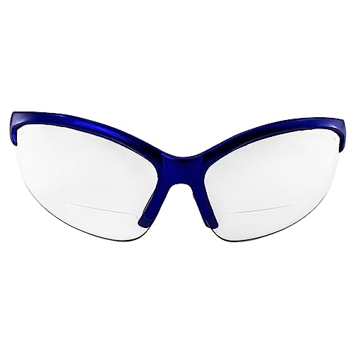 Global Vision Contender Bifocal Safety Glasses Blue Frame Clear Lens ANSI Z87+ for Men and Women Magnifying Reader 1.0 to 2.5 - size: 2.50