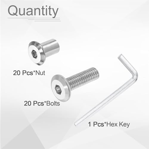 HARFINGTON 20 Set M6x20mm Hex Drive Socket Cap Bolt and M6x12mm Nuts with M4 Hex Wrench, Furniture Connector Bolts and Screws for Furniture Countersunk Belt, Silver - size: M6x20mm, M6x12mm