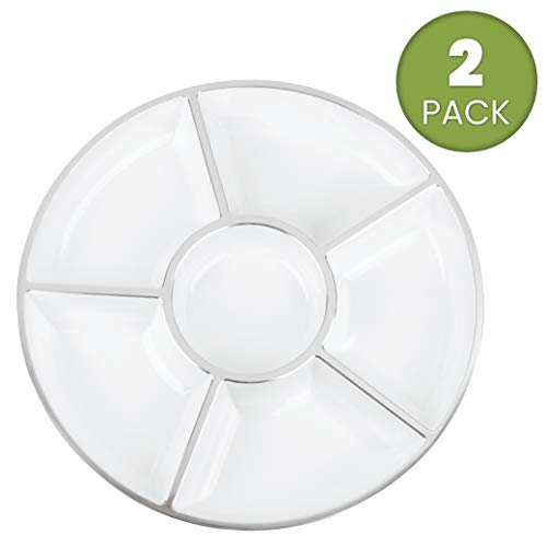 6 Sectional Round Plastic Serving Tray/Platters White W Silver Rim Pack of 2 - color: White & Silver