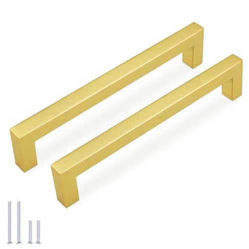 KNOBWELL 6Pack 6-3/10 Inch Brushed Gold Cabinet Pulls Stainless Steel Kitchen Cabinet Handles Square Drawer Pulls Modern Cabinet Hardware Handles，160mm Hole Centers - color: Brushed Gold, size: Hole Center:6-3/10 inch(160mm)