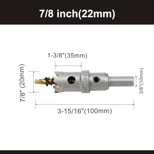 7/8''(22mm) TCT Hole Saw,Tungsten Carbide Hole Saw with Titanium-Plated Pilot Drill bit for Hard Metal,Alloy,Aluminum,Stainless Steel,Plastic,Iron - size: 7/8''(22mm) (1PCS)