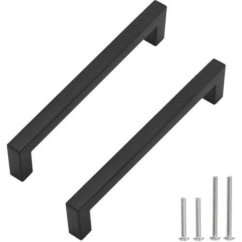 Cabinet Pulls Matte Black Cabinet Handles Square Drawer Pulls, 5 Pack 7-1/2 Inch Stainless Steel Kitchen Door Cupboard Cabinet Handles, Drawer Hardware Handles, 192mm Hole Centers - size: 7-1/2 inch Hole Centers(192mm)
