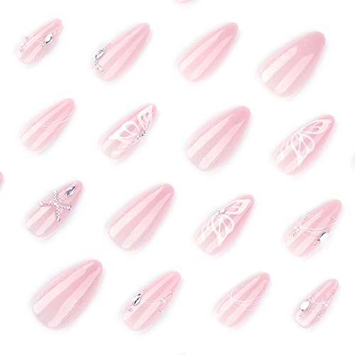 Pearl Charms Cat Eye Press On Nails Almond Short, Butterfly Pattern Designer Reusable Acrylic Nails Press Ons, Fake Nails With Glue On, Daily Wear Floral False Nails For Women - color: LF-3879 Butterfly Pearl Charms, size: 24 Pieces (Pack of 1)