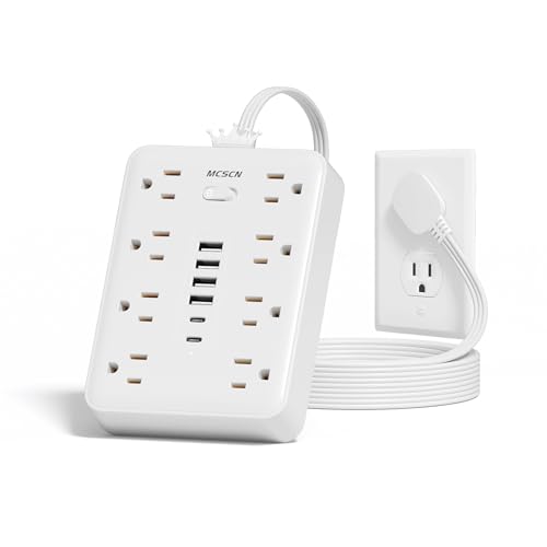 Power Strip 10ft Cord 8 Outlet 6 USB Surge Protector Flat Plug White - size: 10 feet