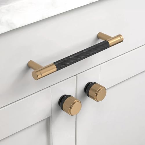 Asidrama 2 Pack 5 Inch(128mm) Matte Black and Champagne Bronze Cabinet Pulls Knurled Cabinet Handles Cupboard Handles Kitchen Cabinet Hardware for Cupboard Drawer Pulls - color: Black-Champagne Bronze, size: 5" Hole Center, style: 2 Pack