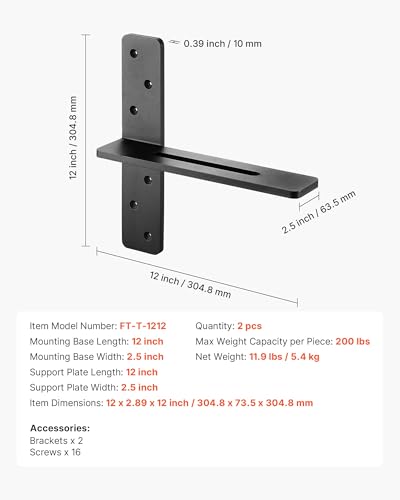VEVOR T Shelf Brackets, 200 lbs Capacity, 2 Pcs, 12 inch Solid Steel Heavy Duty with Screws for Floating Shelves, Countertop Support Hardware - size: 12x2.89x12 in