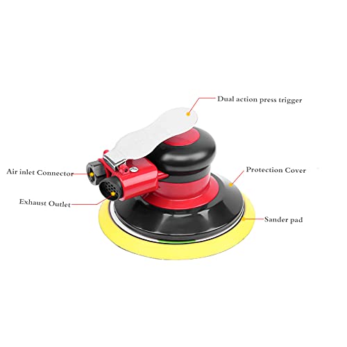 Professional Air Random Orbital Palm Sander, Heavy Duty Dual Action Pneumatic Sander with 1pc Backing Plate (6 inch) - size: 6 inch