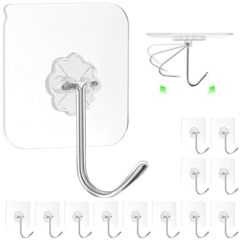 ZESLMG Adhesive Wall Hooks No Damage for Hanging, 12 Pack Large Self Sticky Hooks Heavy Duty 44lb Removable, Clear Hook for Shower Towel Coat Key Picture Wreath Outdoor Bathroom Kitchen, Waterproof - size: 12 Upgraded Large Hook