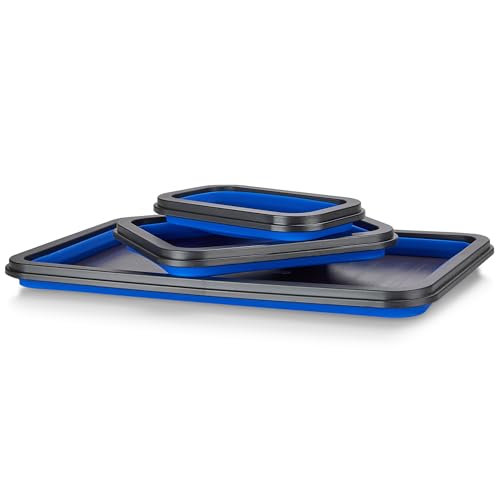 Collapsible Magnetic Parts Tray Set - 3 Different Size Tool Trays - Blue - color: Blue