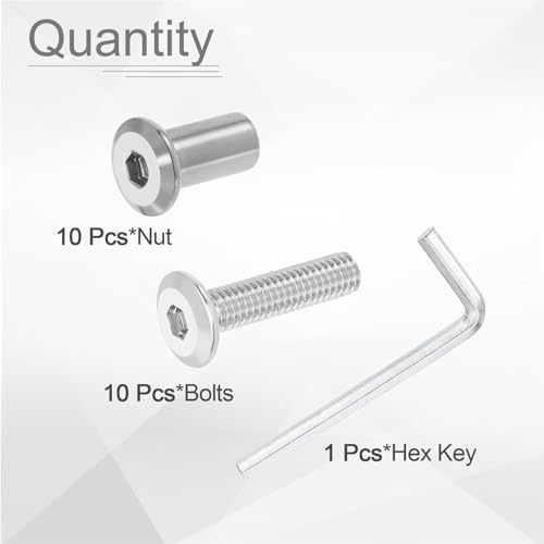 HARFINGTON 10 Set M6x25mm Hex Drive Socket Cap Bolt and M6x15mm Nuts with M4 Hex Wrench, Furniture Connector Bolts and Screws for Furniture Countersunk Belt, Silver - size: M6x25mm, M6x15mm