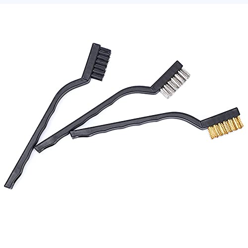 3Pcs Mini Wire Brush Set for Cleaning and Rust Removing, 7 Inch Industrial Wire Brushes of Stainless Steel/Nylon/Brass Bristles - color: Black