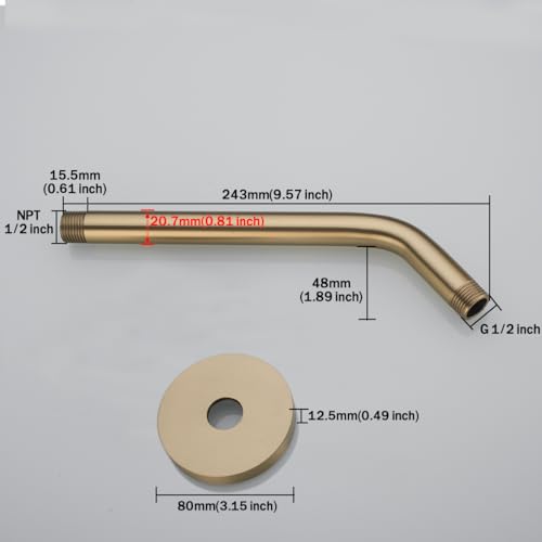 RANDOM 10 Inch Brushed Gold Shower Arm with Flange,90 Degree Rain Shower Head Extension Arm.RD91018-10-BG - color: 10″ Brushed Gold(Round Flange)