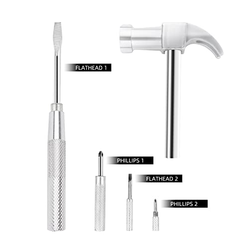 YOUMI 6 in 1 Silver Hammer & Screwdriver Tool Multitool Set Claw Hammer with Anti-Slip Grip Handle Slotted/Flat Head Phillips Screwdriver Nail Puller Best Gift for Family Friends Colleagues - color: Silver
