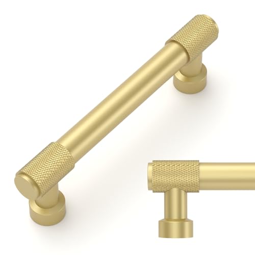 Amerdeco 10 Pack Brushed Gold Knurled Cabinet Pulls 3.75 Inch(96mm) Hole Center Kitchen Cabinet Handles Drawer Pulls Cabinet Hardware ZH0034 - color: Brushed Gold, size: 3.75"/96mm Hole Center
