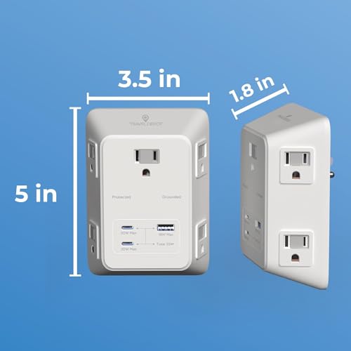 Travel Depot 5-Outlet Wall Outlet Extender with Surge Protector, (White) | 2 USB-C PD & 1 USB-A Charging Ports, 32W Fast Charging, Multi Plug Wall Adapter, 3-Sided Design for Home & Office - color: White