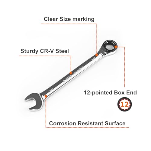 Egofine 3/8 inch Ratcheting Combination Wrench SAE, Industrial Grade Gear Spanner with 12-Point Design, 72-Tooth Ratchet, Chrome Vanadium Steel - size: 3/8"