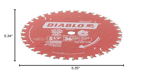 Diablo Finish Trim Saw Blade - 5-3/8" Diameter, 36 ATB Teeth, 10mm Arbor | Ideal for Portable and Low Powered Saws - .049" Kerf, 2Â° Hook Angle, 12000 Max RPM - D0536X