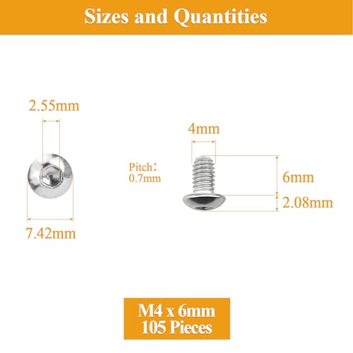 105 Pieces M4 x 6mm Button Head Socket Cap Screws, Thread Pitch 0.7mm, Sutemribor M4 Screws, 304 Stainless Steel, Fully Threaded, Silver - size: M4 x 6mm, style: Button Head