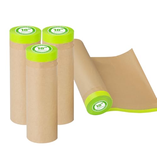 Tangibay Pre-Taped Masking Paper for Painting - 18 inch x 50 feet Tape and Drape Painters Paper, Paint Adhesive Protective Paper Roll for Covering Skirting, Frames, Cars and Auto Body (4 Rolls) - size: 4 Rolls: 18"