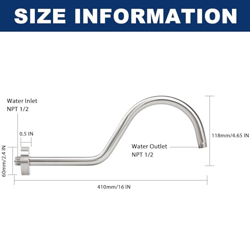 NearMoon Shower Extension Arm with Flange - S Shaped High Arc Gooseneck Long Shower Extender Pipe, Perfect for Rainfall Shower Head - Bathroom Accessory,16 Inch (Brushed Nickel) - color: Brushed Nickel
