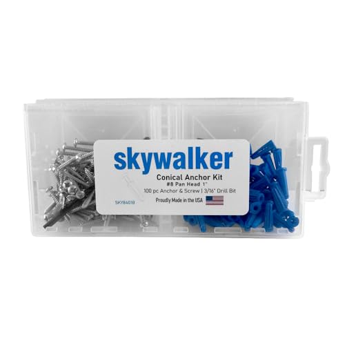 Skywalker Conical Anchor Kit 100-Pack – #8-1" Pan Head Screws with Blue Plastic Anchors & 3/16" Drill Bit – Wall Anchor Set – Made in USA - size: #8