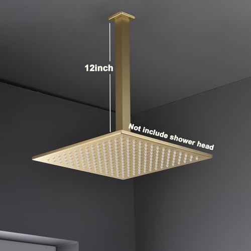 Enga Brass 12 Inch Ceiling Mount Shower Arm and Flange, Square Rain Shower Head Arm, Brushed Gold - color: Brushed Gold, style: 12 Inch