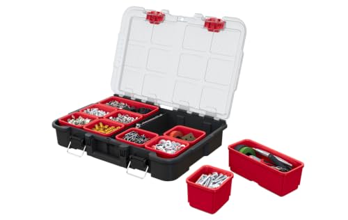 Keter Stack N' Roll Tool Organizer, Portable Small Parts Organizer with Removable Bins, Clear Lid, Lockable Storage Case for Screws, Nails, Fasteners & Hardware, Stackable Modular Tool Storage - color: Black/Red, size: Tool Organizer