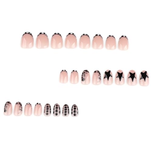 Short Almond Press On Nails Black with Y2K Star Crocodile Print - color: Style22