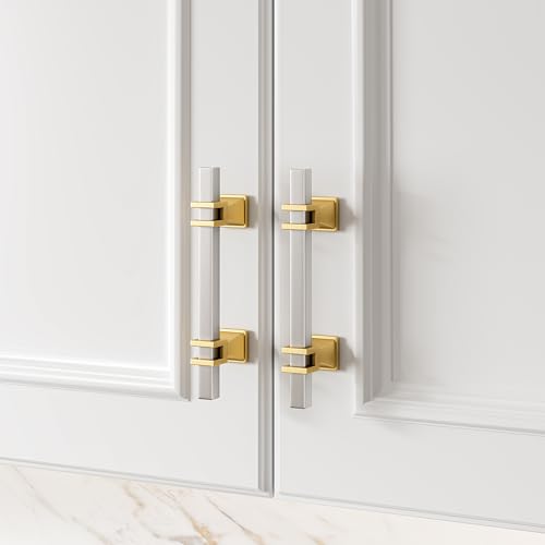 Haliwu 10 Pack 3-3/4" Brushed Nickel Cabinet Pulls Silver & Gold Handles - color: Brushed Nickel & Matte Gold, size: Hole Center Spacing：96mm (3-3/4 inch)