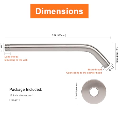 Shower Arm with Flange and Teflon Tape, Wall Mounted Shower Pipe 304 Stainless Steel Extension Arm for Fixed Shower Head & Handheld (12 Inches, Brushed Nickel) - color: Brushed Nickel, style: 12 Inch