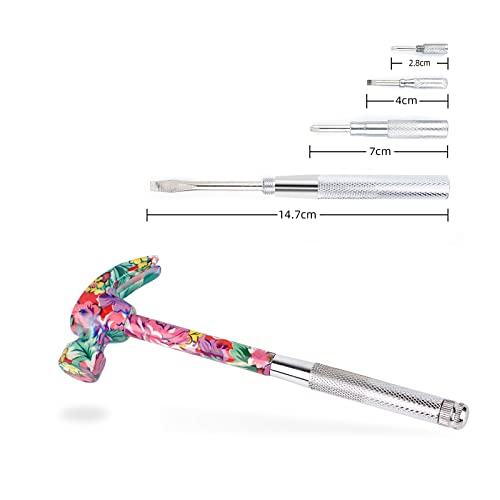 YOUMI 6 in 1 Multifunctional Floral Hammer & Screwdriver Tool Set Claw Hammer with Slotted/Flat Head Phillips Screwdriver Nail Puller Best Christmas Thanksgiving Halloween Gift for Her(Pink) - color: Red