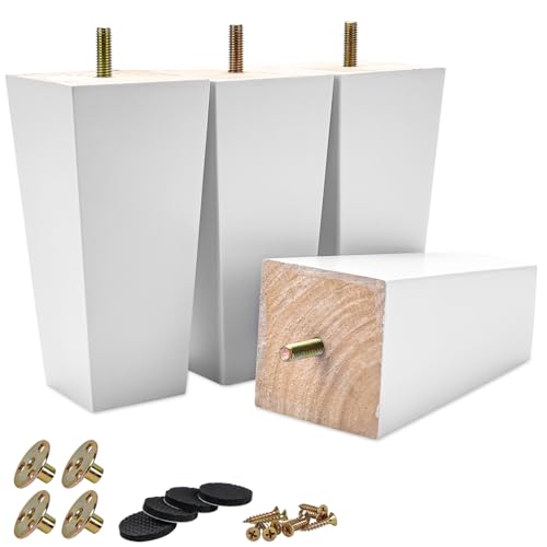 6 Inch / 15cm Wooden Furniture Legs, Set of 4 Solid Wood White Pyramid Sofa Legs Couch Feets with Hanger Bolt & Screws, Mid-Century Modern Furniture Replacement Feet for Home DIY - color: White, size: 6''/15cm