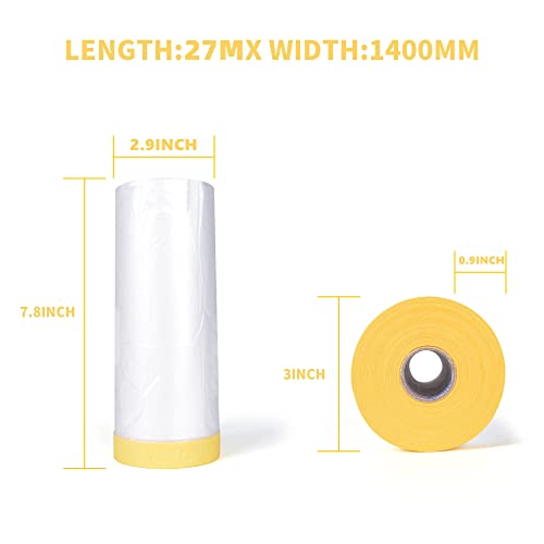 TAPEBEAR Pre-Taped Masking Film Tape and Drape 5feet x 90feet 3Rolls - size: 1400mm x 27m