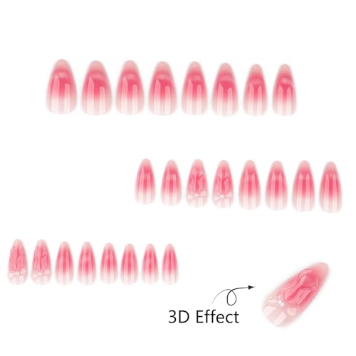 Mivota Soft Gel Press On Nails Almond Nude Pink Glitter, 3D Butterfly Glue On Nails, Reusable Fake Nails Acrylic Look, Luxury Press on Nails Kit 24PCS for Women Wedding Party - color: 3D-68 Pink Gradient Bowknot