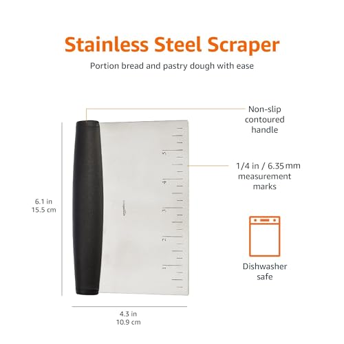 Amazon Basics Multi-Purpose Bench Scraper, Stainless Steel Dough Cutter with Measurement Marks, Dishwasher Safe, Non-slip Contoured Grip, 6", Black, Silver