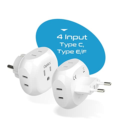 Ceptics Europe Travel Adapter Plug Set Schuko - 4 Input - Ultra Compact - Light Weight Type C, Type E/F - USA to Any Type C E/F Countries Such as Germany, France- 4 Pack (PT-9-9C-4PK),White - size: 4 Pack, style: Type C , E/F - European 2 pack set