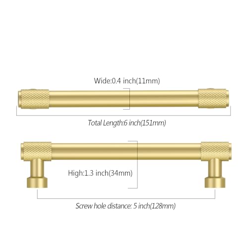 Amerdeco 10 Pack Brushed Gold Knurled Cabinet Pulls 5 Inch(128mm) Hole Center Kitchen Cabinet Handles Drawer Pulls Cabinet Hardware ZH0034 - color: Brushed Gold, size: 5"/128MM Hole Center