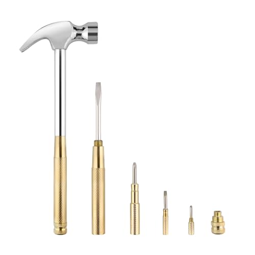 Small Metal Hammer 6 in 1 with Slotted/Flat Head Phillips Screwdriver Claw Hammer Manual, Portable Multifunction Tool Hammer (Gold Silver) - color: Gold Silver