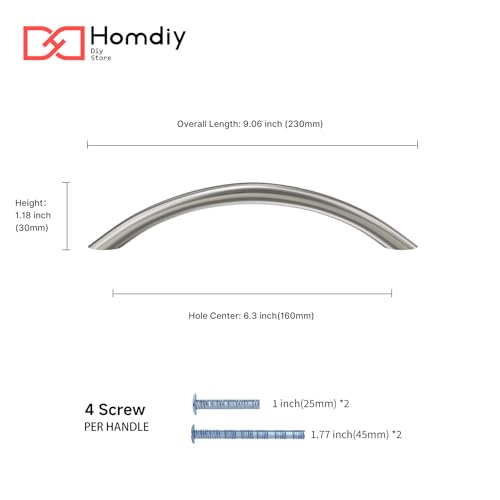 homdiy Solid Brushed Nickel Cabinet Pulls, 6-1/4 Inch Silver Arched Drawer Handles, 10 Pack Kitchen Cabinet Hardware, Screws Included for Cupboard Closet Furniture Upgrade - color: Brushed Nickel, size: 6-1/4 inch Hole Centers