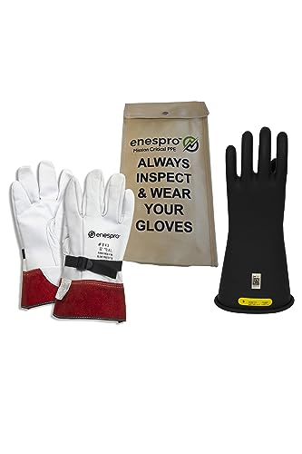 Enespro Class 2 Insulated Electrical Gloves Kit, 17,000V AC/25,500V DC - color: Black, size: Size 10 (Pack of 1)