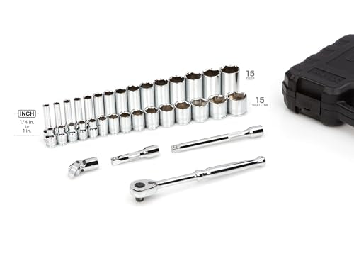 TEKTON 3/8 Inch Drive 6-Point Socket and Ratchet Set, 34-Piece (1/4-1 in.) | SKT15101 | (1/4 - 1 in.), Shallow and Deep, Case - size: 34-Piece (1/4-1 Inch)