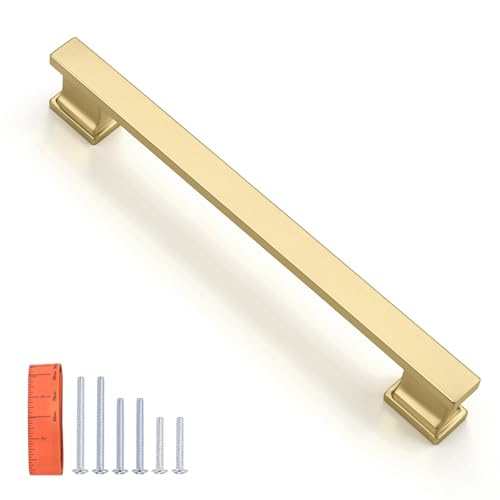 KNOBWELL 6 Pack Brushed Gold Solid Cabinet Pulls 6-3/10 Inch(160mm) Hole Center Kitchen Cabinet Handles,Cabinet Hardware for Cupboard Drawer Pulls - color: Brushed Gold, size: Hole Center：6-3/10 inch（160mm）