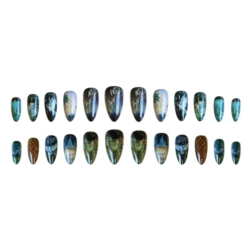 SINHOT Almond Press on Nails - Medium Fake Nails, Glossy Finish, Cute Pattern & White Dove, DIY Artificial False Nail Art - 24 Pcs Nail Kit with Glue