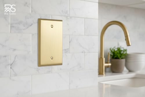 Rio Salto BRASS Blank Wall Plate Outlet Covers Wall Plates 1 Gang Brushed Brass Gold Metal Outlet Protector — Signature Collection, Standard Size 2-Pack, 2.77" X 4.52" - color: Blank Plate 1-Gang (2-Pack)