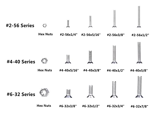 480Pcs #2-56#4-40#6-32 UNC Stainless Steel Phillips Flat Head Countersunk Machine Screws Nuts Assortment Kit - size: #2-56,#4-40,#6-32