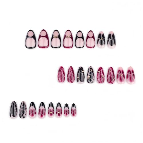 French Press On Nails Short Almond Shape, Fall Fake Nails Adorned with Black and Burgundy Petal Accents, 3D Design, Glossy Gel Finish Acrylic Nails, Natural Reusable Glue On Nails - color: 36-Flaunt Bloom