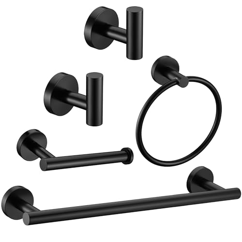 5 Pieces Matte Black Bathroom Hardware Accessories Set Hand Towel Ring 16 inch Towel Bar Toilet Paper Holder Towel Hooks 2 Pieces Round SUS 304 Stainless Steel Heavy Duty Wall Mounted Bathroom Holder - color: Matte Black, size: 5 piece 16"