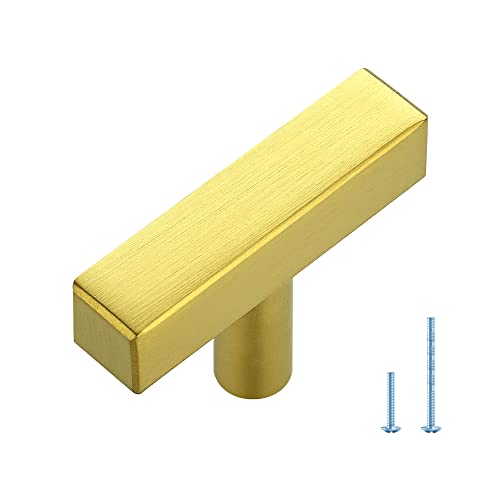 1 Pack Gold T Bar Square Cabinet Knobs 2in Cabinet Pulls Kitchen Hardware | Brushed Brass Finish, Solid Metal, Easy Install, Screws Included, Hardware, Kitchen, Bathroom, Drawers, Cabinets - color: Gold, size: 1 Pack, style: Square